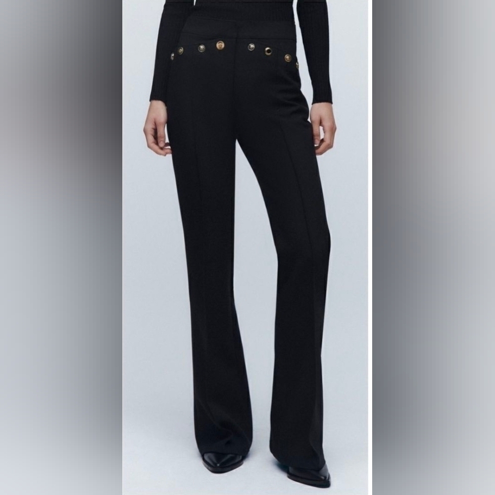 Zara Black High-Waist Flare Pants with Gold Metallic Eyelet / Button Detail sz M